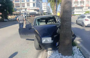 Manavgat'ta Kontrolden Çıktı, Palmiyeye Saplandı! Hurdaya Dönen Araçta 4 Kişi Yaralandı