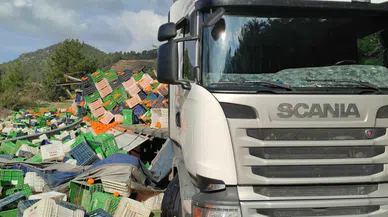 PORTAKAL YÜKLÜ TIR DEVRİLDİ 