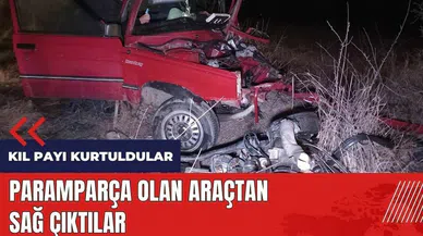 Beton bloğa çarpıp paramparça olan araçtan sağ çıktılar