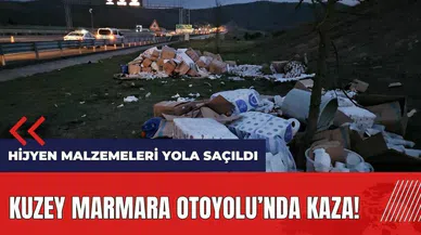 Kuzey Marmara Otoyolu'nda kaza! Hijyen malzemeleri yola saçıldı