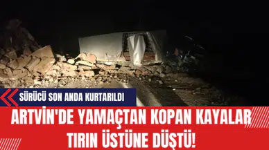 Artvin'de Yamaçtan kopan Kayalar Tırın Üstüne Düştü!