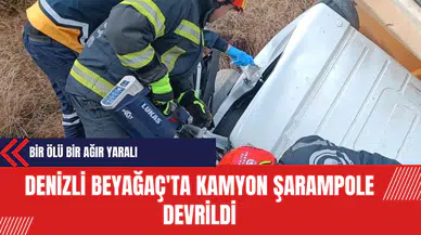 Denizli Beyağaç'ta Kamyonda Şarampole Devrildi