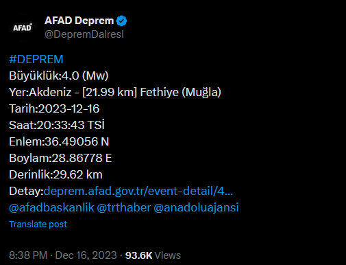 Muğla'nın Fethiye Ilçesinde Deprem!