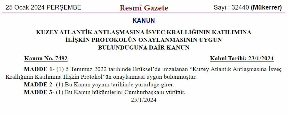  İsveç'in NATO üyeliği resmen onaylandı