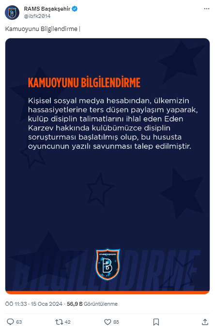 Başakşehir İsrailli futbolcu Eden Karzev'e soruşturma başlattı