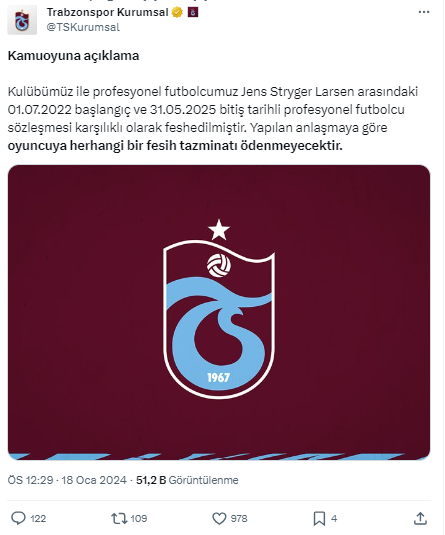 Trabzonspor Danimarkalı futbolcu ile yollarını ayırdı