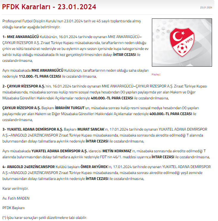 PFDK Rizespor ve İbrahim Turgut'a ağır cezalar verdi