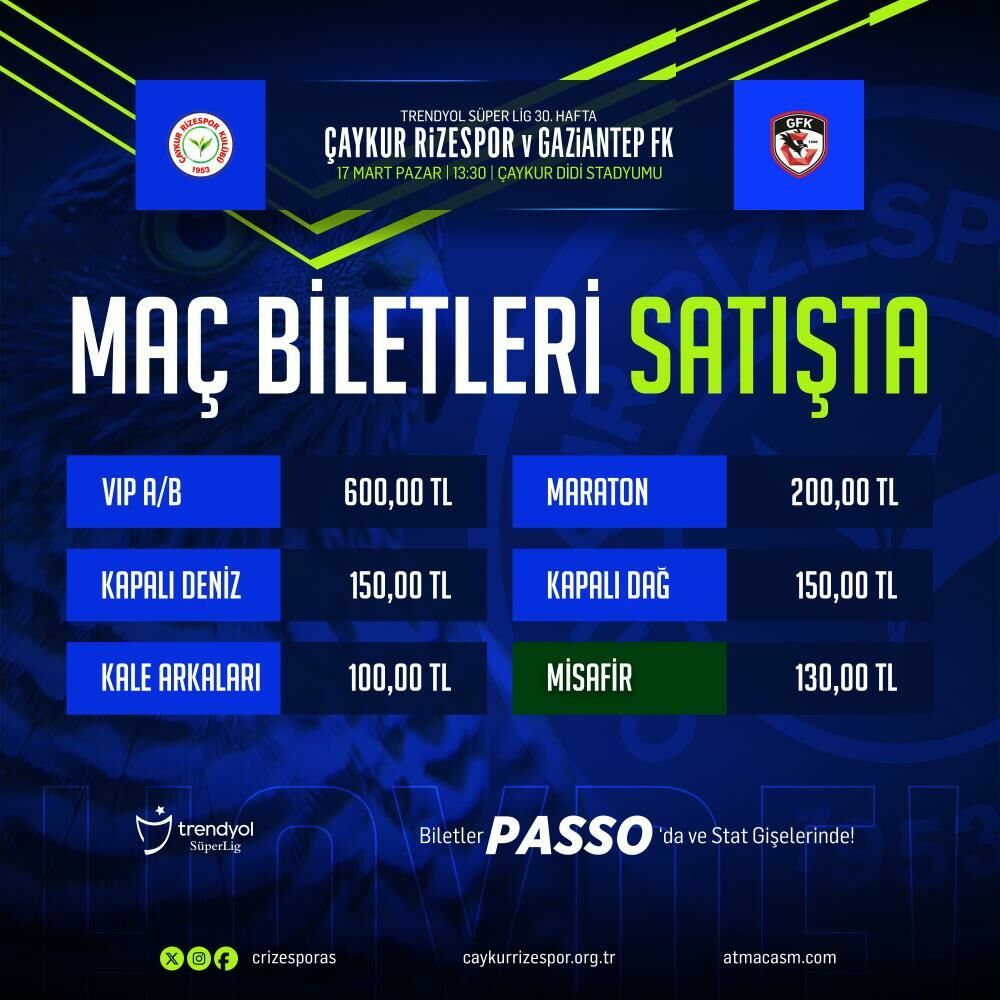 Rizespor Gaziantep FK maçı biletleri satışa çıktı