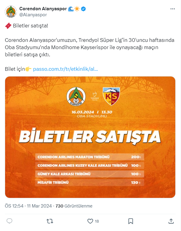 Alanyaspor Kayserispor maçının biletleri satışa çıktı