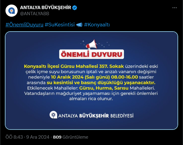 Antalya Belediyesi Uyardı! Konyaaltı'nda 3 Mahalle Etkilenecek