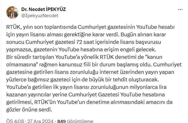 RTÜK’ten Cumhuriyet Gazetesine Lisans Şartı