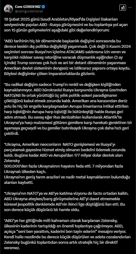 Cem Gürdeniz’den ABD-Rusya Görüşmesine Çarpıcı Yorum