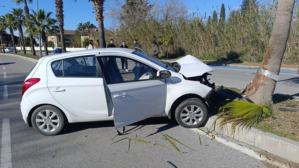 Manavgat'ta Otomobil Sürücüsü Virajı Alamadı! Palmiyeye Çarpan Araç Hurdaya Döndü