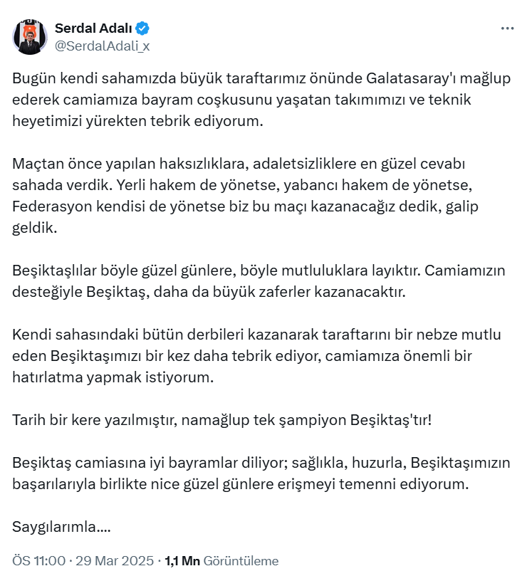 Beşiktaş Başkanı Adalı'dan Galatasaray'a Galibiyet Mesajı