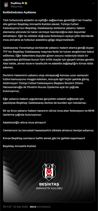 Beşiktaş’tan TFF’ye Yabancı Hakem Çağrısı!