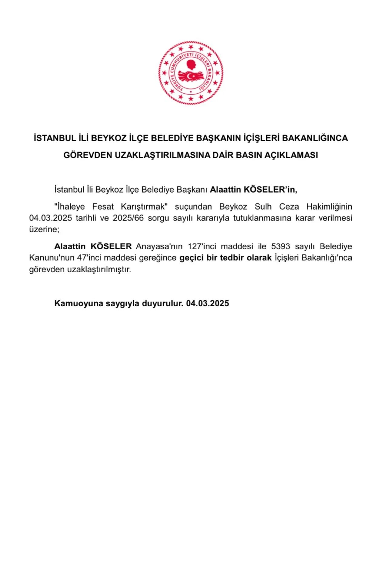 Beykoz Belediye Başkanı Alaattin Köseler Görevden Alındı