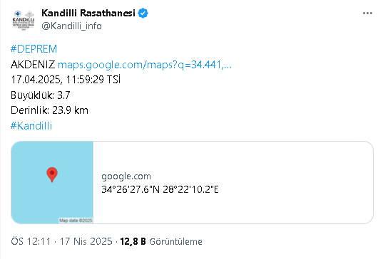 Akdenizde 3.7 Büyüklüğünde Deprem1
