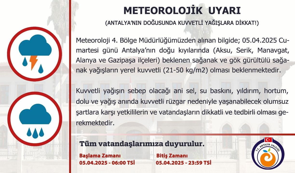 Antalya'nın 5 İlçesine Kuvvetli Yağış Geliyor! Yarın Tüm Gün Sürecek 2