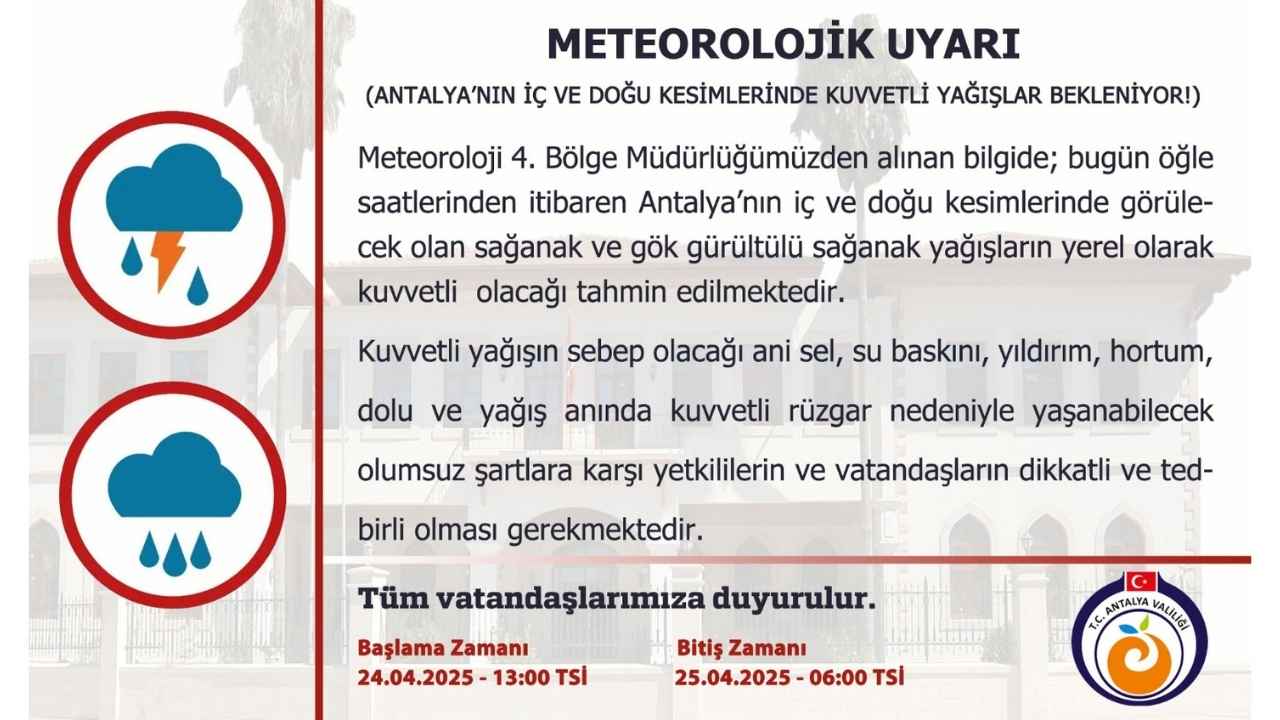 Antalya'ya Kuvvetli Yağış Uyarısı! Yarına Kadar Sürecek 2