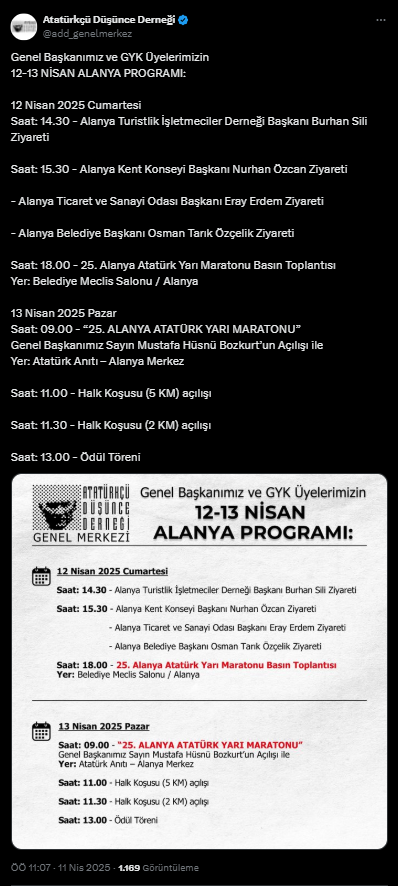 Atatürk Düşünce Derneği 12-13 Nisan'da Alanya'da Olacak