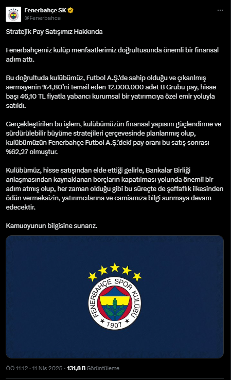 Fenerbahçe'den Yabancı Yatırımcıya Dev Hisse Satışı!