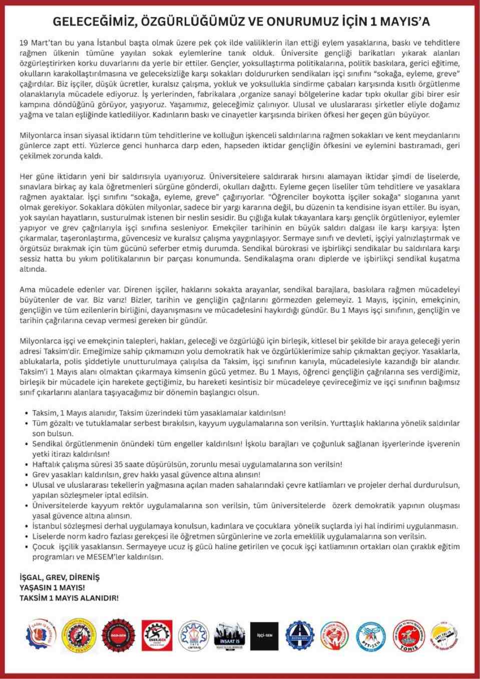 12 Sendikadan 1 Mayıs İçin Taksim Çağrısı 1