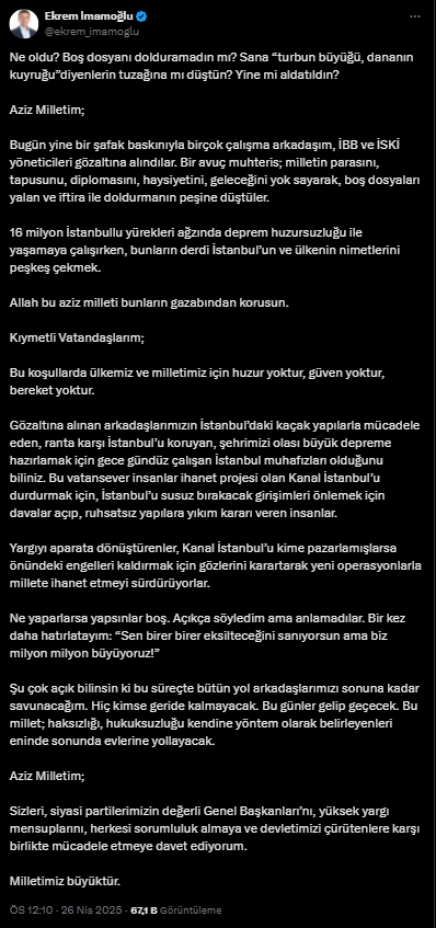 İBB'ye Yönelik İkinci Operasyona İmamoğlu'ndan Sert Tepki!