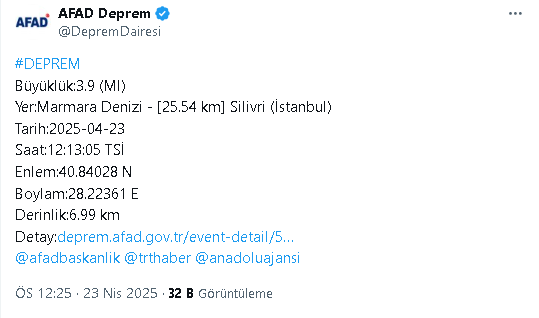 İstanbulda 3.9 Büyüklüğünde Deprem