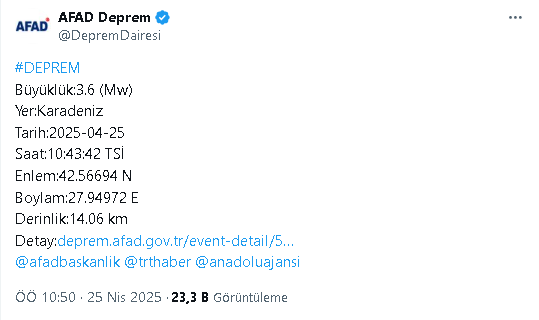 Karadenizde 3.6 Büyüklüğünde Deprem