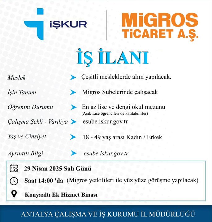 Migros Bugün Antalya'da Personel Alımı Yapacak! İşkur Antalya Duyurdu 2