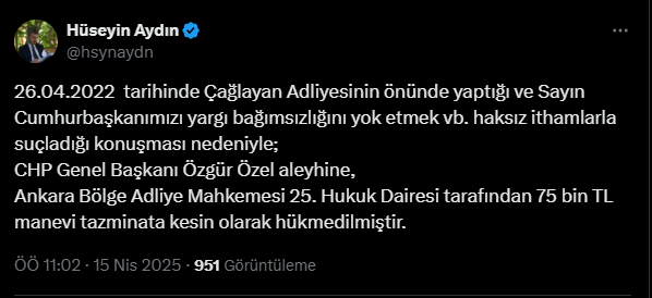 Özgür Özel Cumhurbaşkanı Erdoğan'a Tazminat Ödeyecek