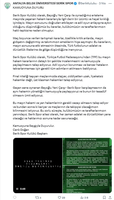 Serik Spor Başkanı'ndan Hakeme Tepki! 2