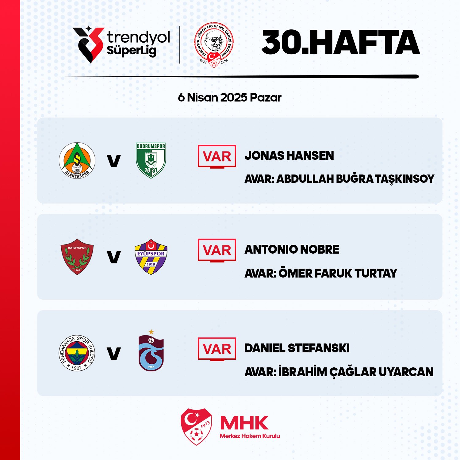 Süper Lig'de 30. Hafta VAR Hakemleri Açıklandı
