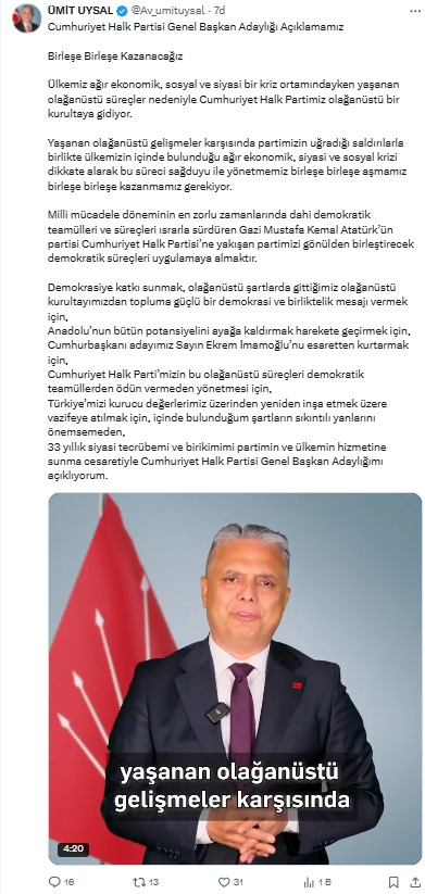 Ümit Uysal Chp Genel Başkan Adaylığını Açıkladı  2