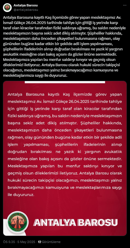 Antalya Barosu’ndan Kaş’taki Avukat Saldırısına Sert Tepki
