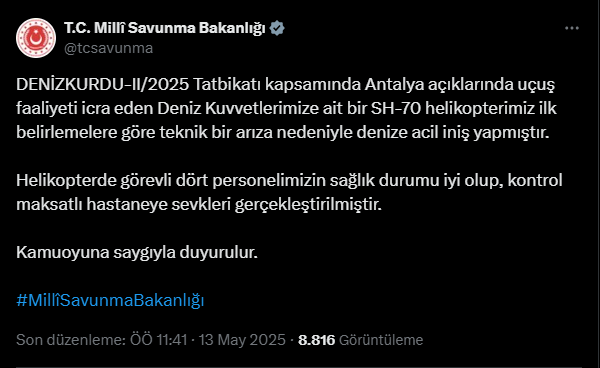 Antalya'da Askeri Helikopter Denize Acil İniş Yaptı
