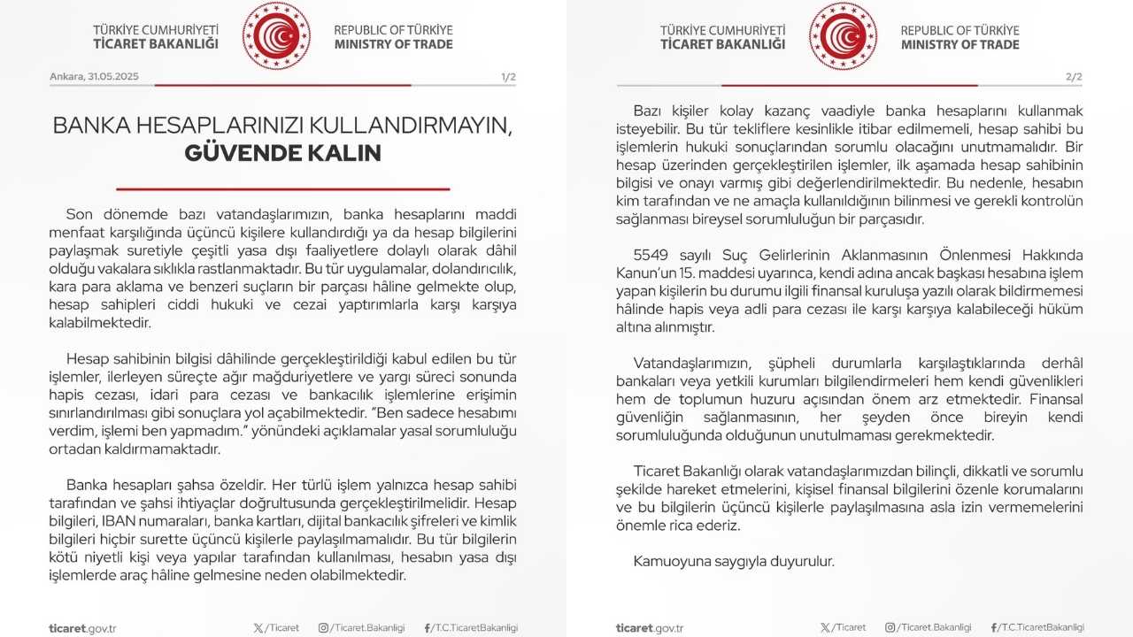 Bakanlık’tan Banka Hesaplarınızı Kullandırmayın Uyarısı 2