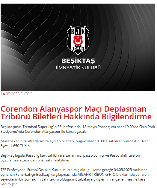 Beşiktaş Alanyaspor Maçında Misafir Tribün Cezası Devrede
