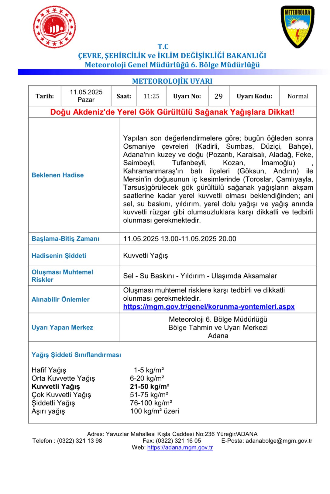 Doğu Akdenizde Kuvvetli Sağanak Uyarısı