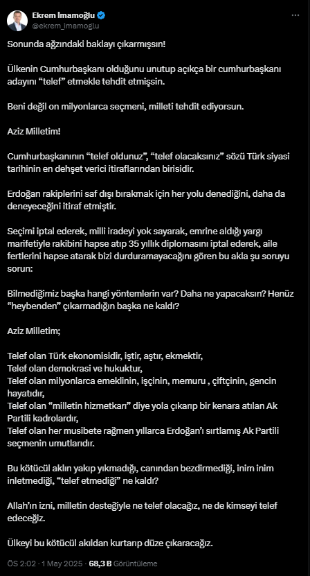 İmamoğlu’ndan Erdoğan’a “Telef” Yanıtı