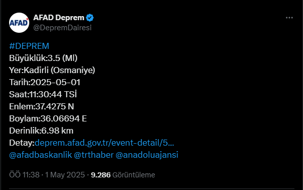 Osmaniye Kadirli'de 3.5 Büyüklüğünde Deprem!