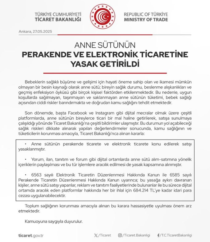 Ticaret Bakanlığı Anne Sütü Satışını Yasakladı! 