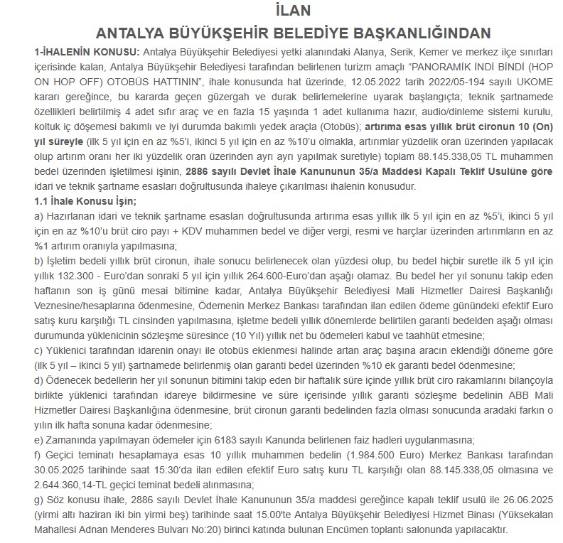 1 Antalya'ya Çift Katlı Seyir Otobüsleri Geliyor! Büyükşehir'den Hop On Hop Off İlanı