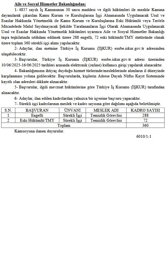 Aile Bakanlığı Engelli Ve Eski Hükümlü İşçi Alımı Başladı! Başvuru İşkur Üzerinden 2
