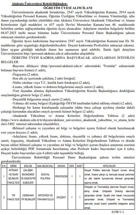 Akdeniz Üniversitesi’ne 2 Öğretim Üyesi Alınacak! Başvuru Şartları Ve Tarihi 2