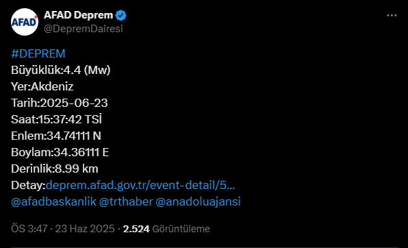 Akdeniz'de 4.4 Büyüklüğünde Deprem! Antalya’da da Hissedildi
