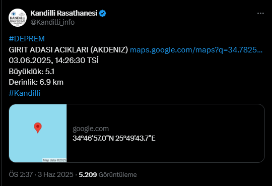 Akdeniz'de 5.1 Büyüklüğünde Deprem!
