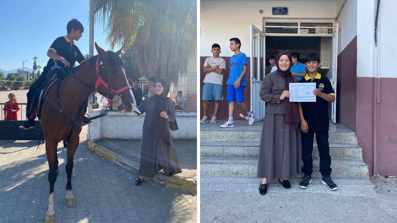 Antalya Serik'te Karnesini At Üstünde Aldı! 2