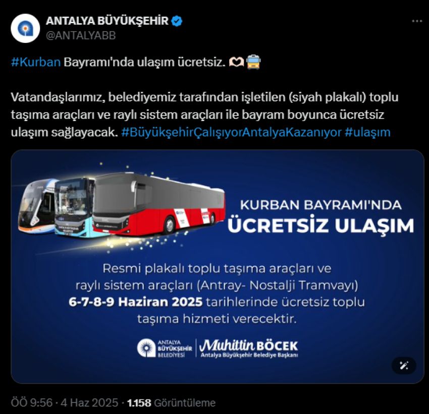 Kurban Bayramı’nda Antalya’da Ulaşım Ücretsiz Olacak Mı?