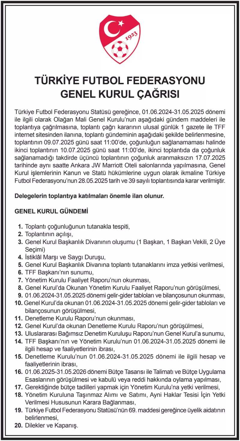 TFF Olağan Mali Genel Kurul'a Gidiyor
